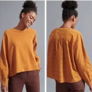 (BOGO FREE) ANTHROPOLOGIE Pilcro Maura Eyelet Lace Sweatshirt Mustard Yellow S